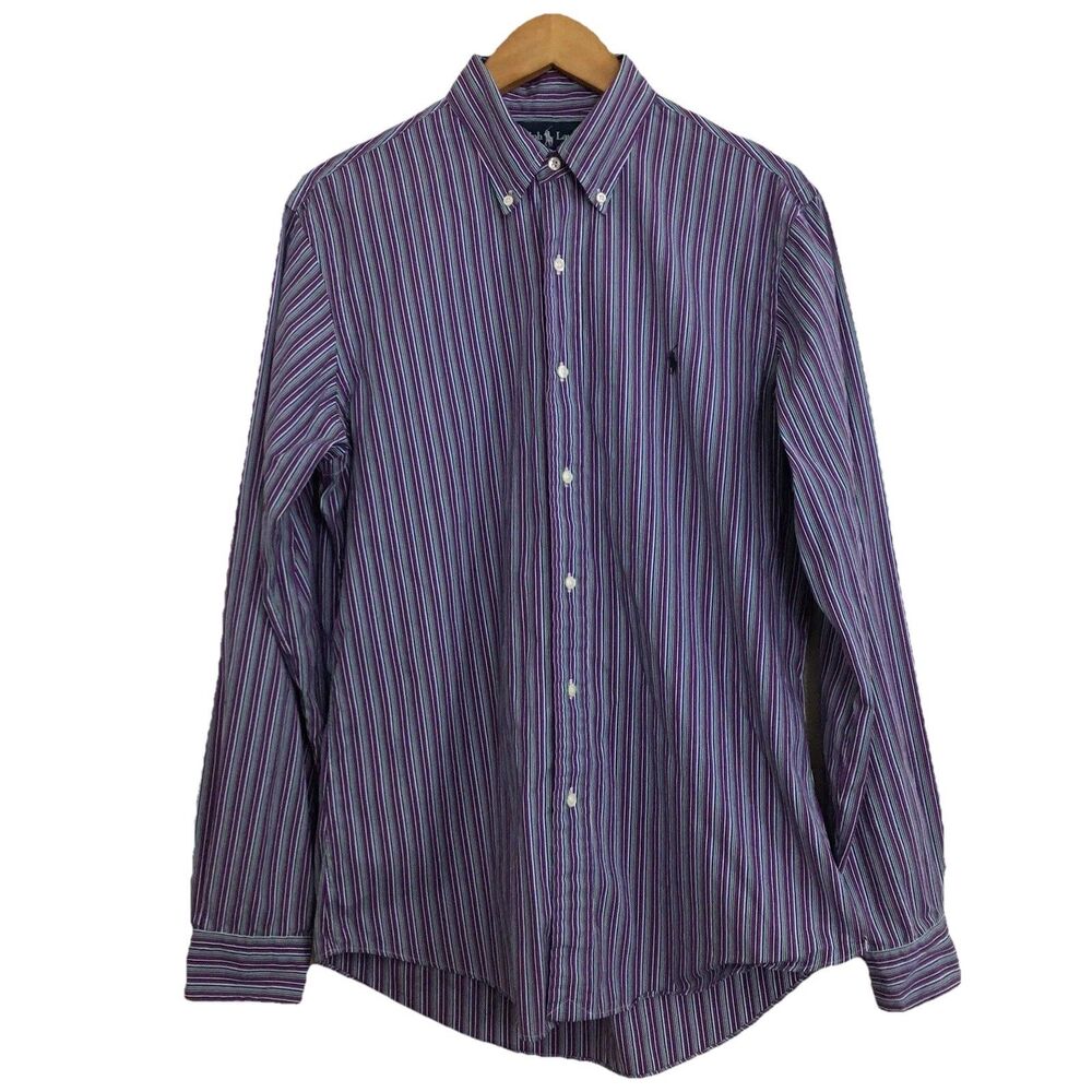 Ralph Lauren Men's Long Sleeve Purple Green Stripe Custom Fit Shirt Size Medium